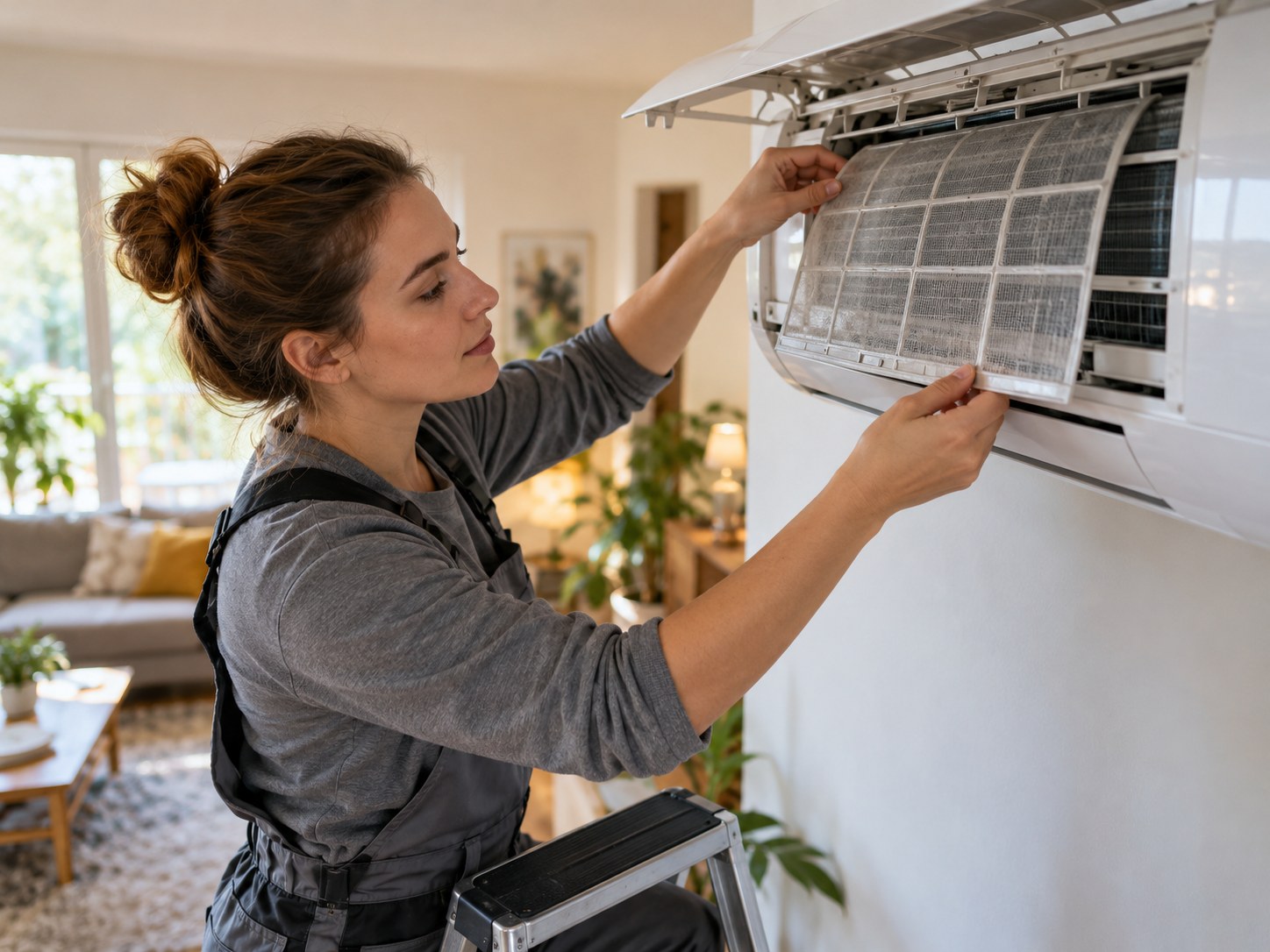 Technikerin reinigt die Filter eines Klimaanlagen-Innengeräts
